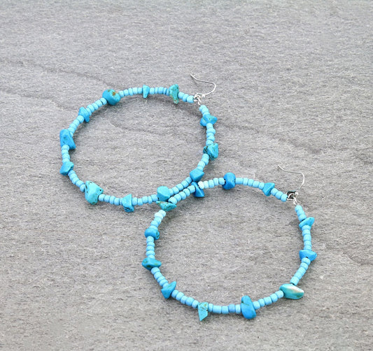 2.5″ Long, Chip Stone & Bead, 65mm Hoop Earrings