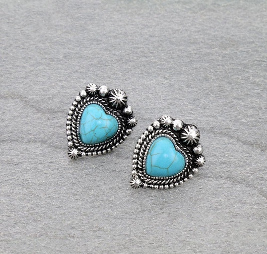 Western Heart Stone Stud Earrings