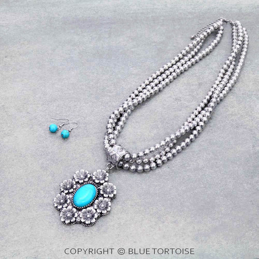 Western Flower with Stone Pendant Necklace Set