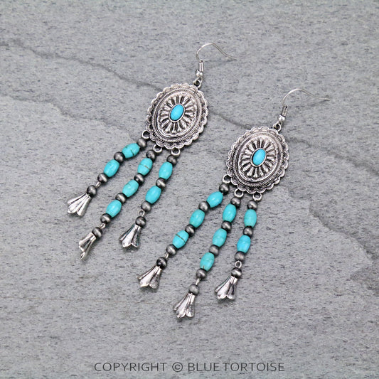 Concho Bead Tassel Dangle Earrings