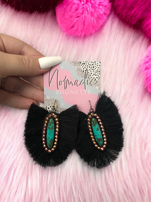 The Casper Earrings- Turquoise Stone With Black Fringe (Copy