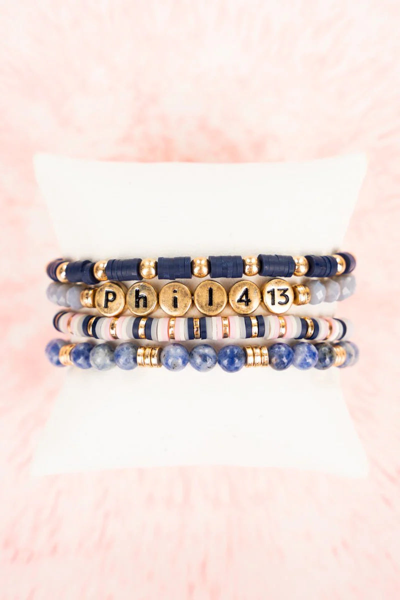 CHARITY NAVY GOLDTONE 'PHIL 4:13' BEADED BRACELET SET