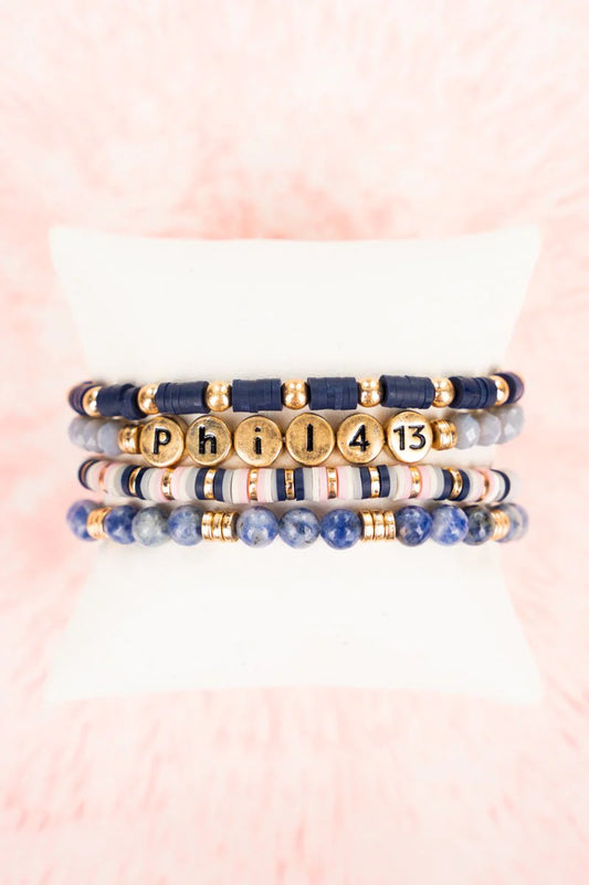 CHARITY NAVY GOLDTONE 'PHIL 4:13' BEADED BRACELET SET