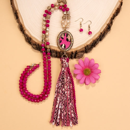 Fushia Animal Print Beaded Tassel Necklace