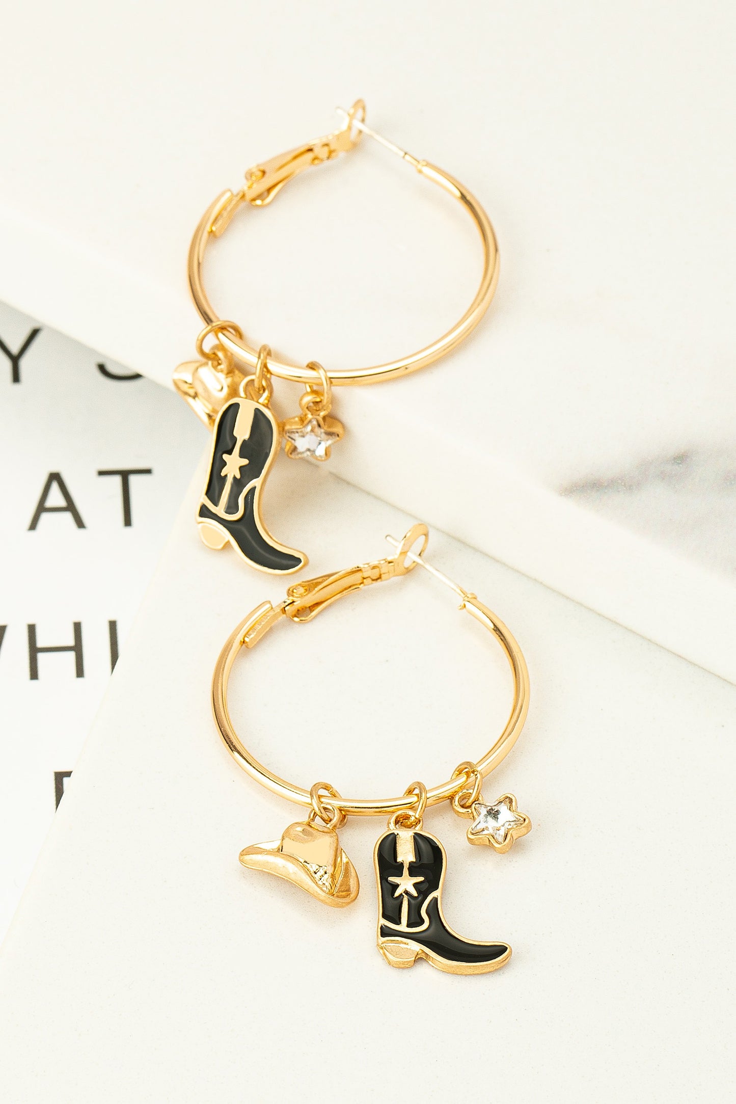 HOOP EARRINGS WITH COWBOY BOOT HAT STAR CHARMS