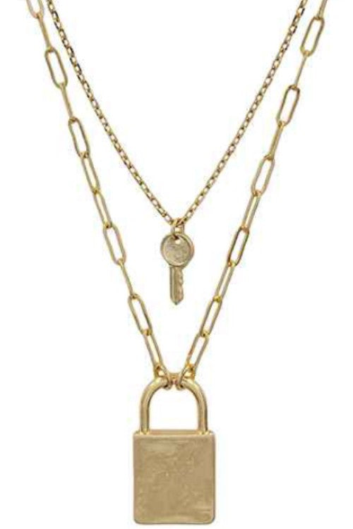 LAYERED KEY LOCK PENDANT CHARM CHAIN NECKLACE