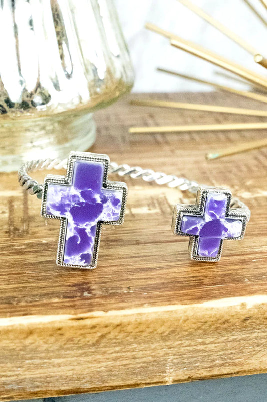 Purple Double Cross Accent Silvertone Cuff Bracelet